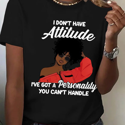 Women's "I Don't Have Attitude" Slogan Graphic T-Shirt - Vibrant Red Short Sleeve Crew Neck Casual Top with Bold Text & Fashion Glasses Design, Machine Washable All-Season Comfort Fit Tee, Fashionforward Look, Durable Fabric