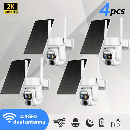 4pcs 360-degree [10x Zoom] Low-power White Solar Panel Battery 2K FHD WiFi With Spotlight Alarm, Motion Detection, Color Night Vision, Two-way Audio And Function.