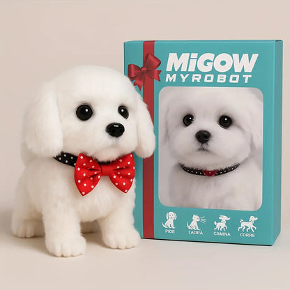 Interactive Electronic White Labrador Puppy Plush Toy - Realistic Walking, Barking & Wagging Tail Robot Dog with Expressive Eyes, Soft Non-Toxic Body & Red Polka Dot Bow Tie - Compatible with LAURA, CAMINA, CORE Commands & MI