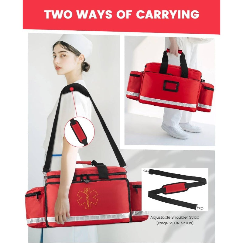 Heavy-Duty EMT Bag with 360° Reflective Safety Design, 4 Dividers & 3 Removable Transparent Pouches - Padded Detachable Strap, 25.8" Large Capacity First Aid Kit for Paramedics, First Responders, Camping, Hiking, Sports - Du