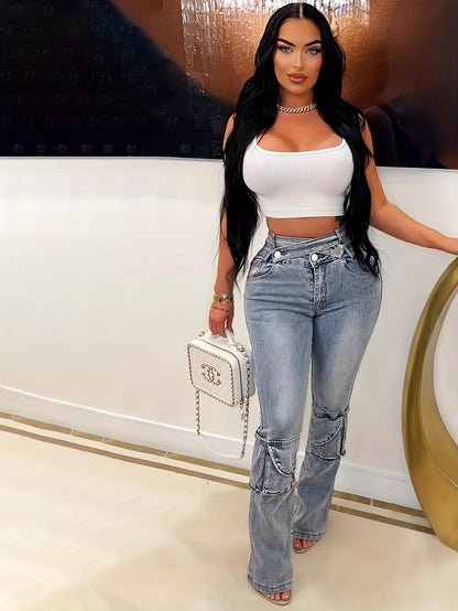 Women'S Double Waistband Flare Pants | Cargo Style Bootcut Jeans with Cross Front Ties, Stretch Denim, All-Season Versatile, Y2K Sexy Streetwear Look.