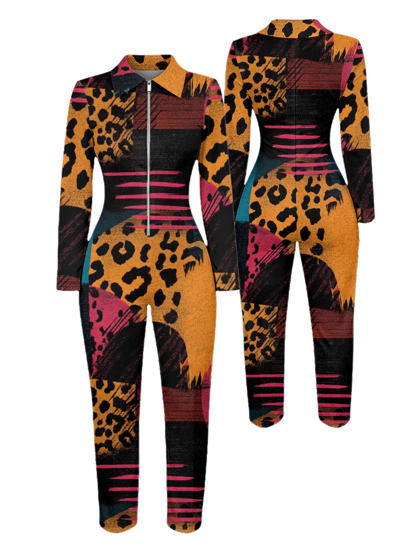 Ladies' Four-season Long-sleeved Sexy Jumpsuit, Front Zipper Design, Light Style, Fashionable Full-print, Perfect for Daily Outings and Casual Wear, Fashionable and Sexy Outfit