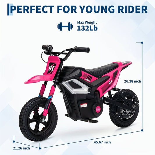 for kids/ only - 24V 350W Ride-On Motorcycle Dirt Bike with Parent-Controlled Twist Throttle, 13.67 MPH Top Speed, 12-Mile Range, Rear Suspension & Leather - Mini Motorbike (Rose Red)
