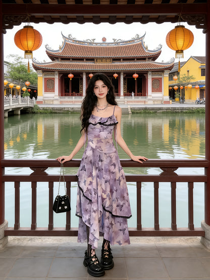 French Vintage Butterfly Floral Camisole Fairy Dress, New Summer Style, Elegant Waist- Mesh Midi Dress