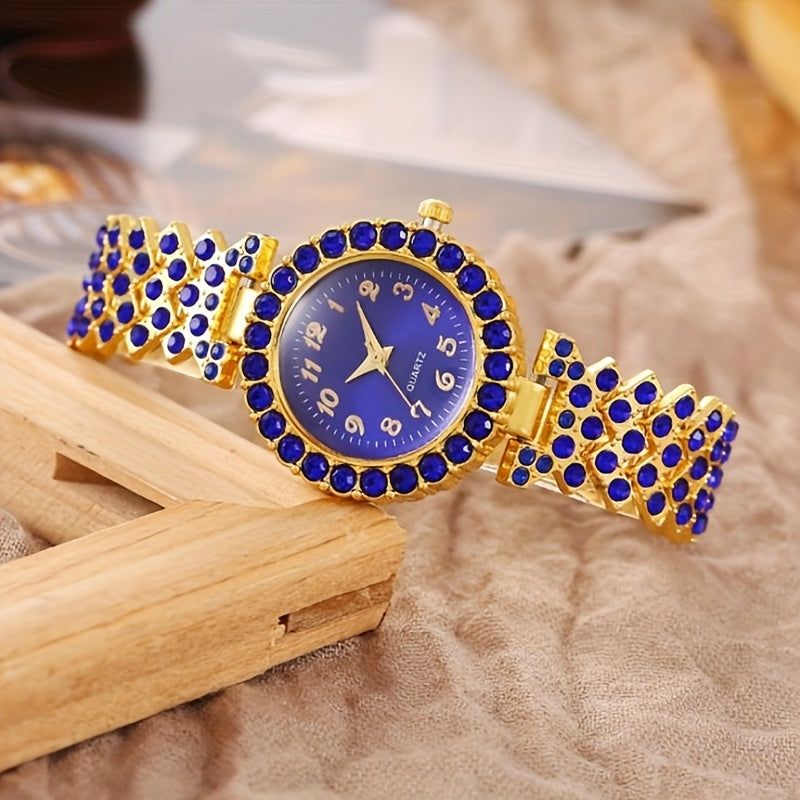 6pcs Set Luxury Women's Watch & Jewelry Set with Sparkling Blue Rhinestone Quartz Watch, Matching Bracelet, Earrings, Necklace & Ring - Elegant Gift Set for Weddings, Parties, Special Occasions (Alloy Case/)