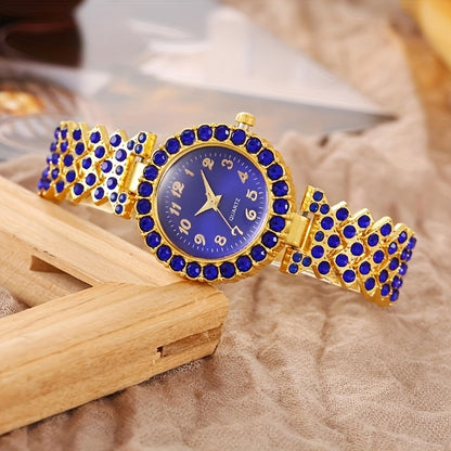 6pcs Set Luxury Women's Watch & Jewelry Set with Sparkling Blue Rhinestone Quartz Watch, Matching Bracelet, Earrings, Necklace & Ring - Elegant Gift Set for Weddings, Parties, Special Occasions (Alloy Case/)