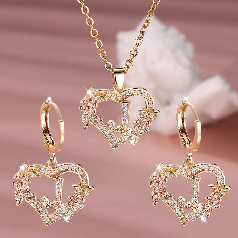 3pcs Women's Initial Jewelry Set - Heart-Shaped Interlocking Link Necklace & Earrings with 26-Letter Monogram, Elegant Golden-Tone -Accented Letters, Dainty Everyday Gift for Mother's Day, Graduation, Birthdays (Pink & Clear