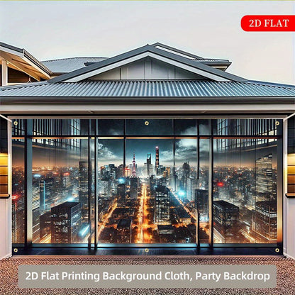 2D Flat 1-Piece Night City Skyline Polyester Fabric Backdrop, 71x157 Inches, Multi-Scene 2D Printed Decor for Parties, Festivals, Gardens & Garages – No Power Needed