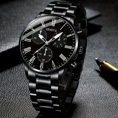 3pcs Set Men's Watch & Necklace Bracelet Set - Quartz Movement Analog Watches with Matching Bracelets, Analog with Hour/Minute/Second Hands, Round Face Business & Casual Wristwatch Collection for Gifts for Men (-)