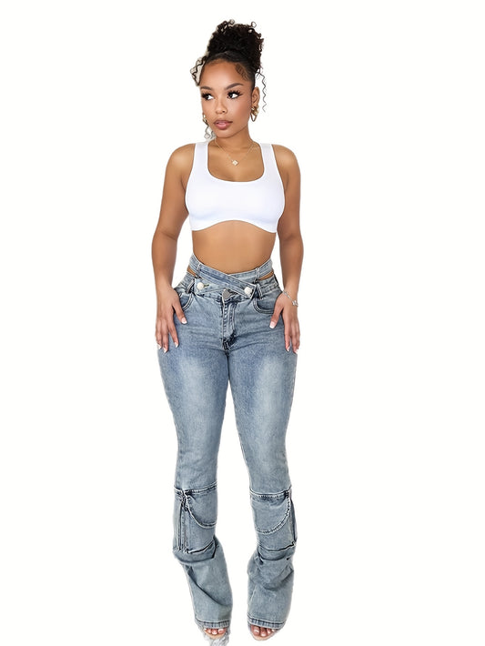 Women'S Double Waistband Flare Pants | Cargo Style Bootcut Jeans with Cross Front Ties, Stretch Denim, All-Season Versatile, Y2K Sexy Streetwear Look.