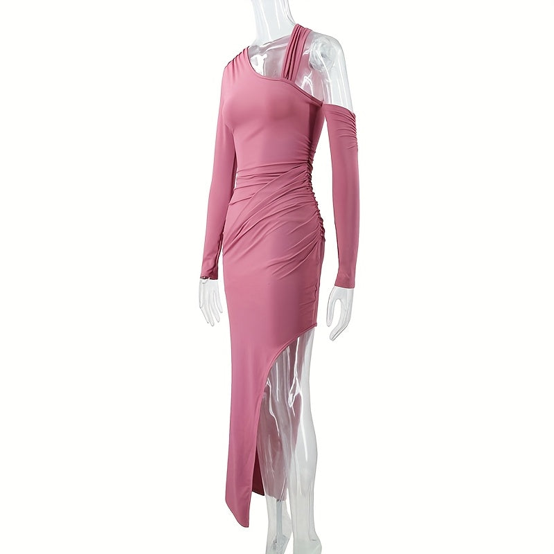 Sexy Mauve One-Shoulder Bodycon Maxi Dress with High Slit - Evening Gown, Party Wedding Prom Dress, Machine Washable Thigh-High Split Dress for Spring/Summer Events (Stock Available)