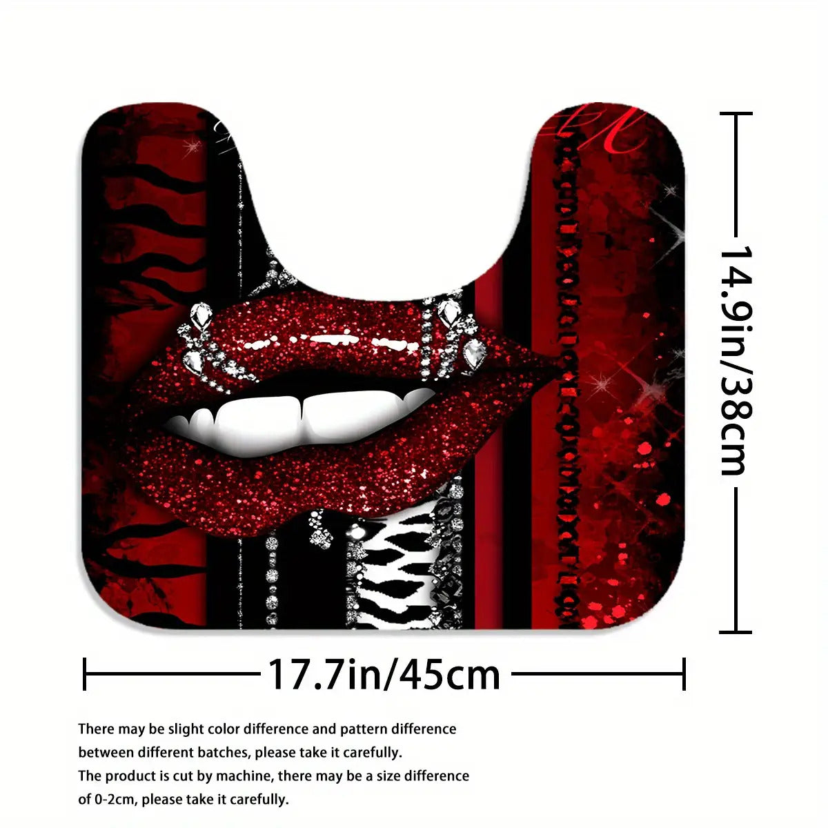 Sexy Red Lips Print 4pcs Bathroom Set with 12 Hooks - High Quality Shower Curtain, Anti-Slip Bath Mat, Toilet Cover & U-Shaped Carpet - Glitter Accent Black & Red Design, Machine Washable Luxury Bath Decor for Modern Homes