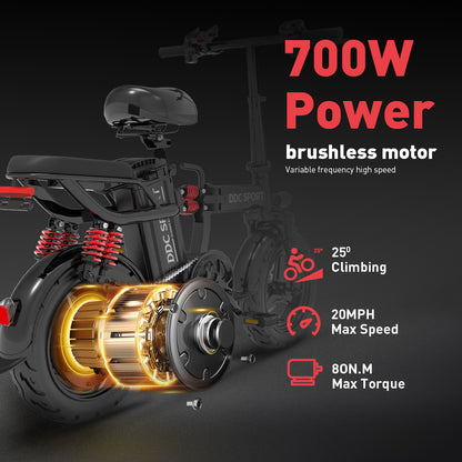 M1 Electric Bike For Adults,32 Miles Range,700W peak motor,20MPH Speed, 48V 20Ah Removable Battery, Dual Disc Brakes, Front And Rear Suspension & Commuter EBike, 14'' all-purpose tire, LCD Mileage Display