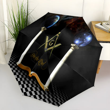 Masonic Symbolism Umbrella - Cute Cartoon Masonic Emblem Foldable Umbrella with Durable Iron Frame, 8-Rib Structure, Automatic Open, All-Season Multi-Functional for Home, Travel & Outdoor Use, Stylish Black & Golden Design, O