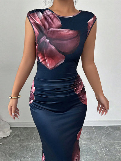 Floral Print Sleeveless Round Neck Long Dress for Women, Slim Fit, Perfect for Autumn Parties