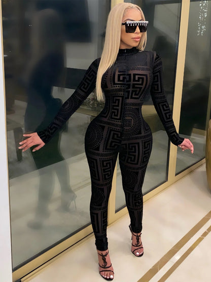 Women's Sexy Sheer Mesh Jumpsuit - Long Sleeve High Neck Bodysuit - Semi-Sheer Transparent Outfit (S-XXL) - Machine Washable All-Season Wear for Parties - Fashion Events - Tight-Fitting Lingerie Suit