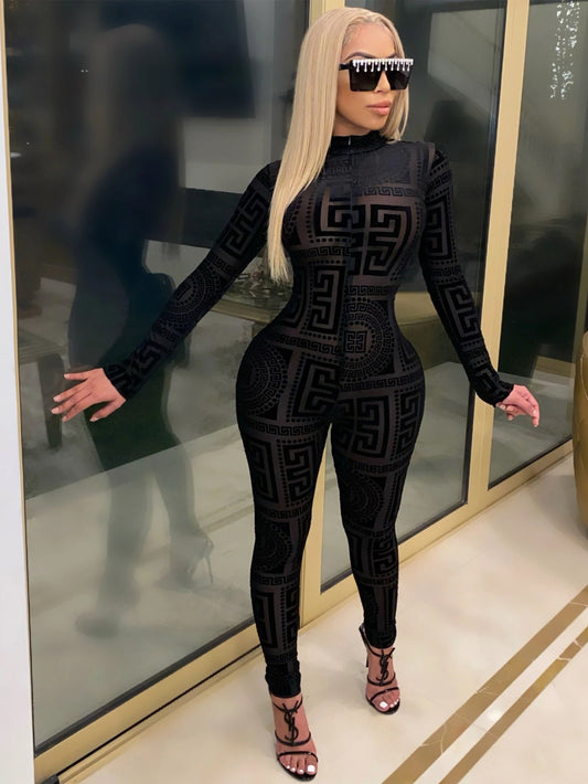 Women's Sexy Sheer Mesh Jumpsuit - Long Sleeve High Neck Bodysuit - Semi-Sheer Transparent Outfit (S-XXL) - Machine Washable All-Season Wear for Parties - Fashion Events - Tight-Fitting Lingerie Suit