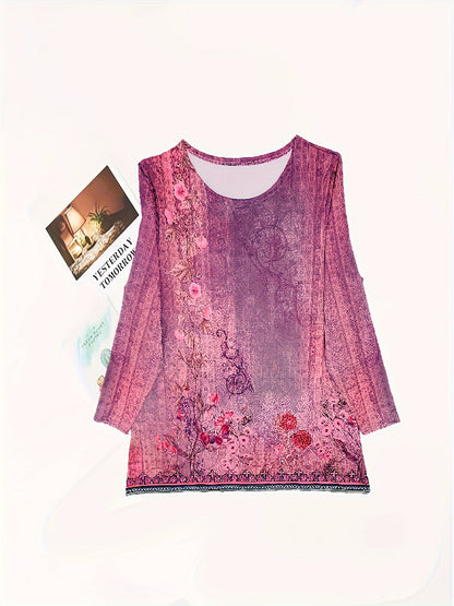 Plus Size Floral Print Two-piece Set, Crew Neck Long Sleeve Top& Pants Outfits, Women's Plus Size Clothing