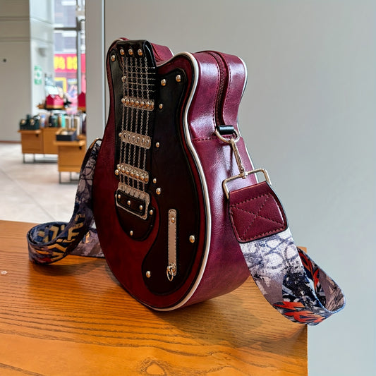 Retro Y2K Steam-Punk Guitar-Shaped Crossbody Bag with Chain Rivet Decor, Color Contrast Design & Adjustable Wide Strap - Durable Machine-Washable Unisex Shoulder Bag for Women & Men, Vintage Bag, Zipper Closure Purse