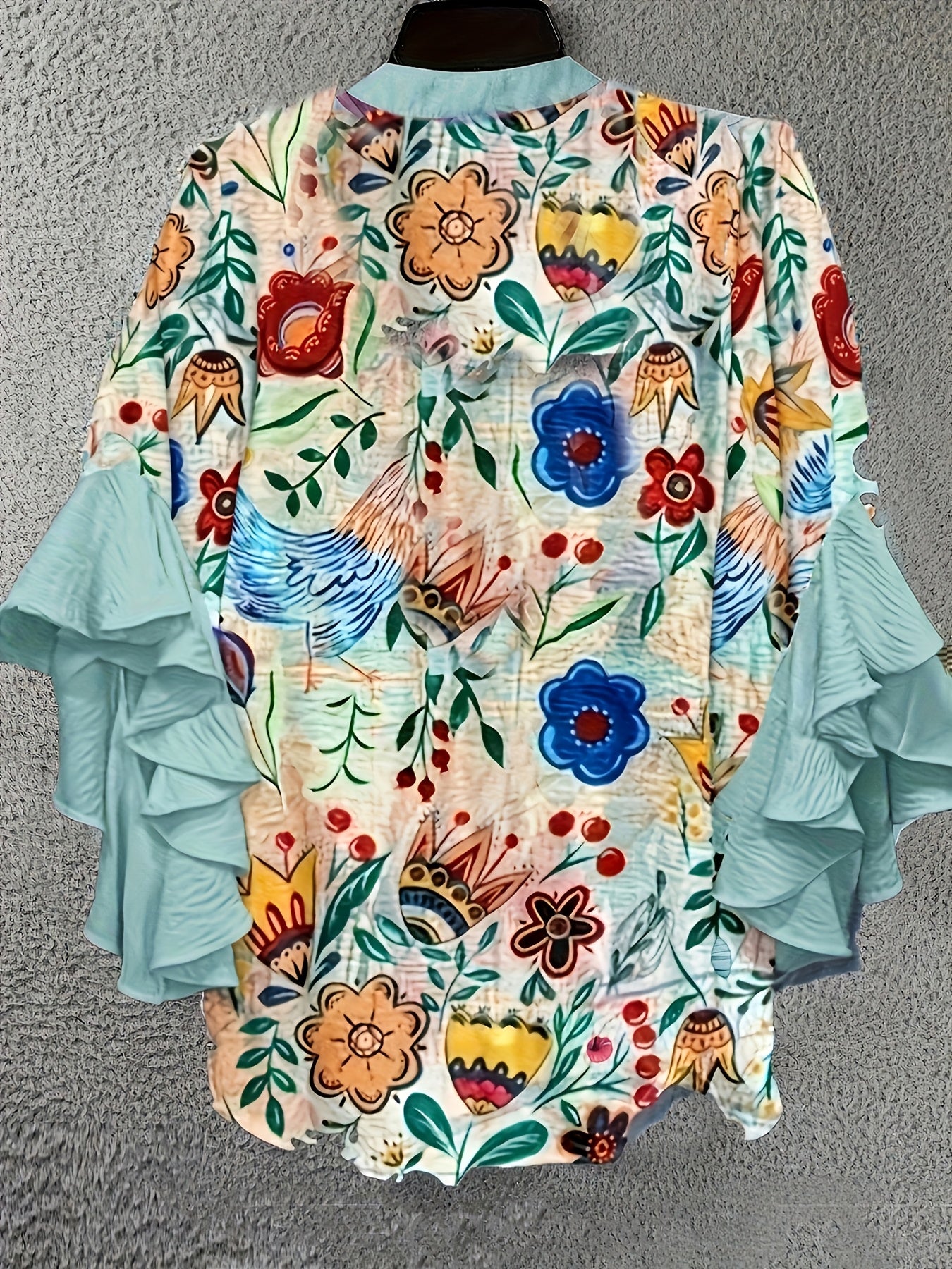 Plus Size - Plus-Size Women'S Paisley Print Ruffled Sleeve Stylish Casual Round Neck Autumn Shirt