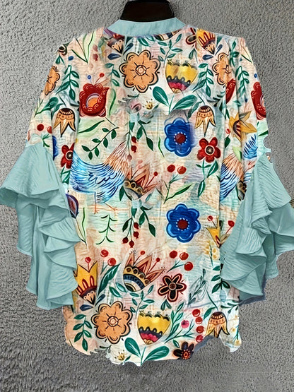 Plus Size - Plus-Size Women'S Paisley Print Ruffled Sleeve Stylish Casual Round Neck Autumn Shirt
