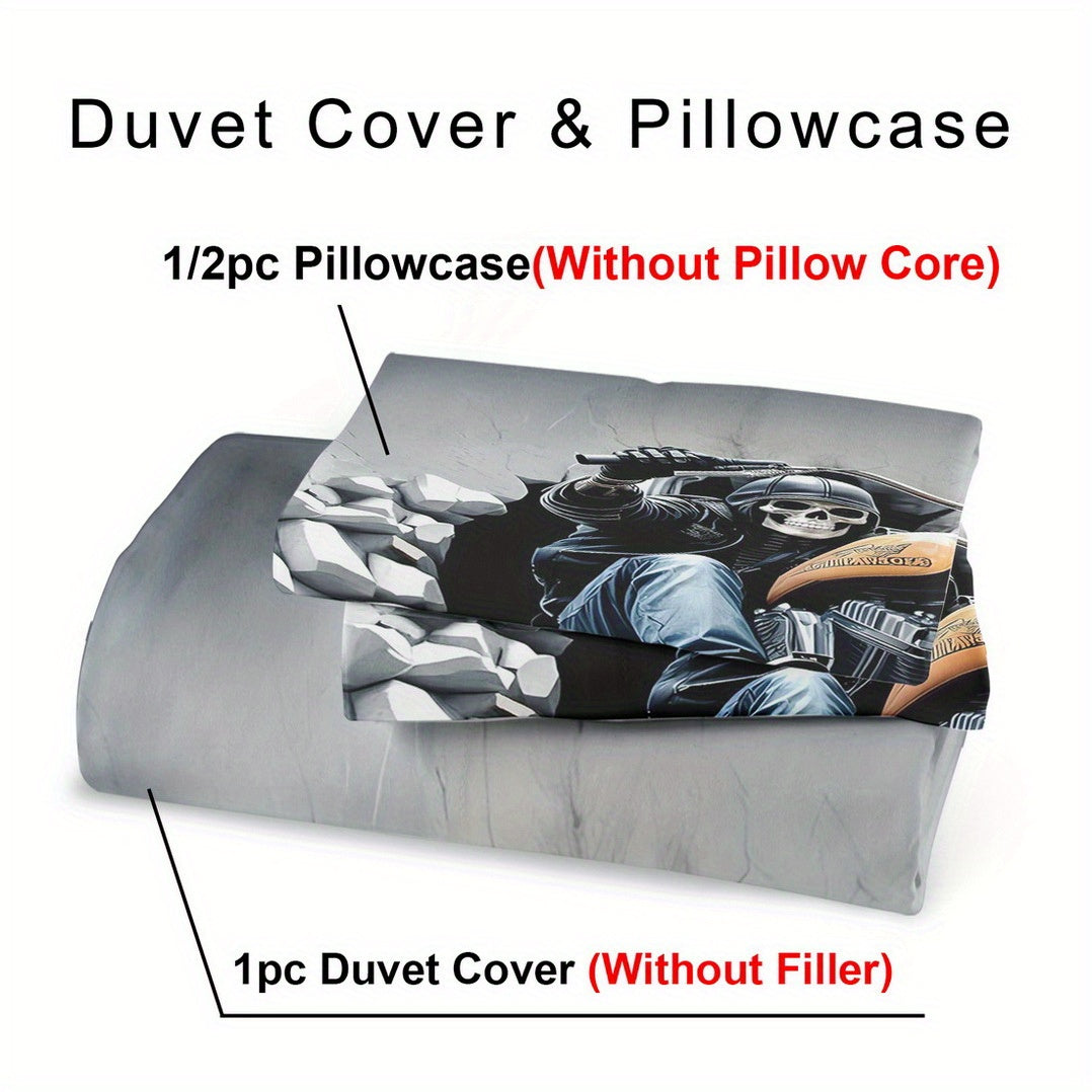 2/ 3pcs Quilt Cover Set, Motorcycle Skeleton Print Duvet Cover Set, King Queen Style Bedding Set, Polyester Machine Washable, Quilt Decoration, Bedroom Guest Room, Birthday Gift (Includes 1 Duvet Cover + 1 or 2 Pillowcases, N