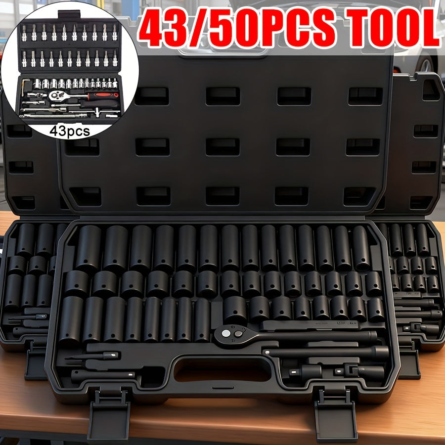43/50pcs, 3/8-inch Drive Impact Socket Set, 6-point Standard Metric (8-22mm) & SAE (5/16-3/4 Inches), CR-V Steel Sockets With Adapter And Ratchet Handle, Exquisite Gift