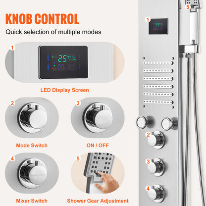 VEVOR Shower Panel System, 6 Shower Modes, LED & Screen Hydroelectricity Shower Panel Tower, Rainfall, Waterfall, 5 Massage Jets, Tub Spout, Handheld Shower, Stainless Steel Wall-Mounted Shower Set