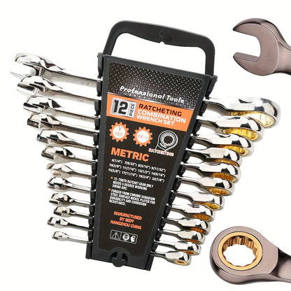 12pcs Professional Ratcheting Wrench Set, 1/4" to 7/8" (6mm-22mm), 72 Teeth, Carbon Steel and Chrome Vanadium, Metric & Imperial, Plastic Stand Included, Tool Organization | Compact Design | Durable Construction, Wrench Set
