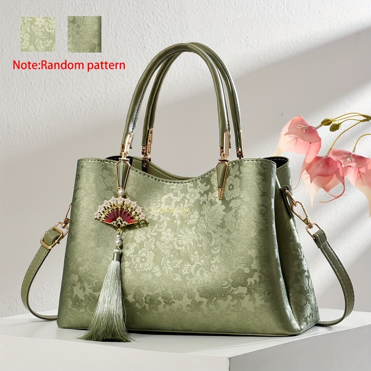 FKTSR Women's Elegant Floral handbag with Tassel - Convertible Shoulder Bag Clutch, Magnetic Closure, Olive Green//Black - Synthetic Leather Purse for Work, Wedding, Party - Perfect Gift for Women, Wedding Accessory, Quilted