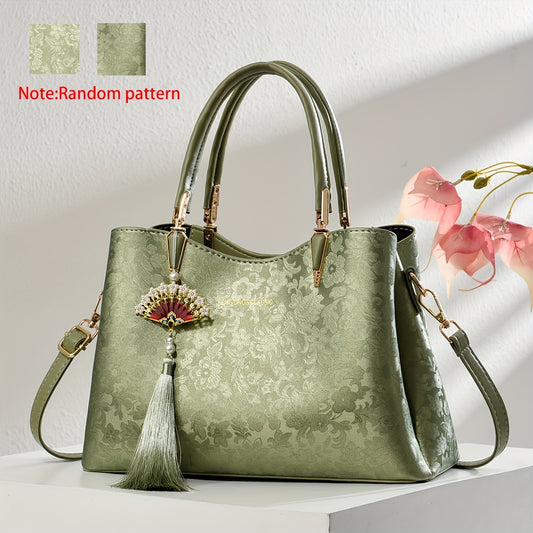 FKTSR Women's Elegant Floral handbag with Tassel - Convertible Shoulder Bag Clutch, Magnetic Closure, Olive Green//Black - Synthetic Leather Purse for Work, Wedding, Party - Perfect Gift for Women, Wedding Accessory, Quilted