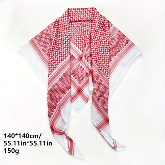 Arabic Headscarf, Ethnic Jacquard Headscarf, Traditional Red and White Checkered Breathable Large Scarf, Sun Protection and Sandproof Face Scarf, Unisex, Outdoor Vacation Hiking Windproof Sand Scarf