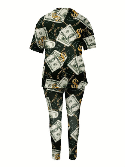 Women's Short-Sleeved Trouser Suit Sets 3d Printed Patterns Casual Suit Women's Short-Sleeved 2pcs Outfits Fall Winter Trouser Suit with Pockets - Short Sleeve, Crew Neck, Straight Leg, Comfortable Daily Wear, Stylish Casualw