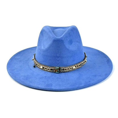 1pc Bohemian-Style Wide-Brimmed Women'S Felt Hat - with a Turquoise Bead Chain Decorative Band - Suitable for Holiday Dress-Up, Cowboy-Inspired Looks, Daily Casual Wear, And As a Photography Prop for Bohemian Home Decor, Fest