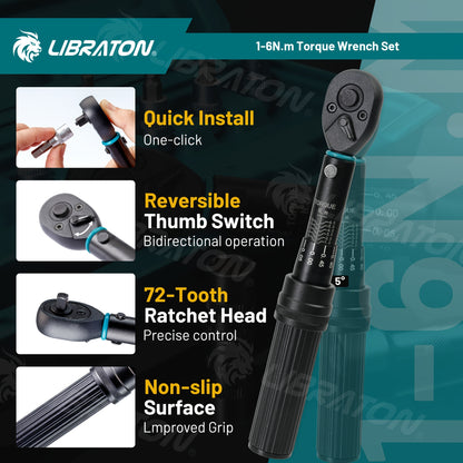 LIBRATON 1/4'' Torque Wrench Set, 1-6Nm Suitable for Bike, 0.05Nm Micro Drive Click Torque Wrench Set, Bicycle Maintenance Kit with Hex, Torx/Star Bit Sockets, Extension Bar Kit, Gift for Boyfriend, Dad, for Man