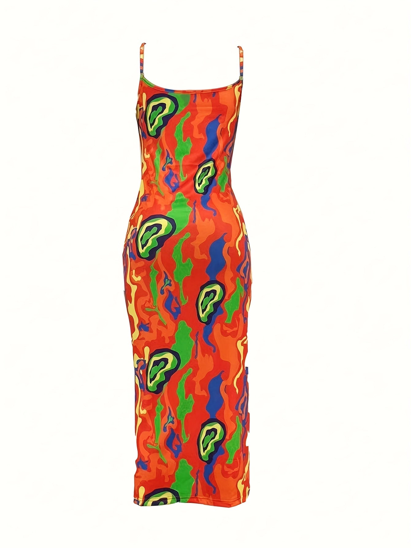 Women's Sexy Geometric Print Open Back Split Hem Dress - Stretchy Spaghetti Strap High Elasticity Machine Washable All-Season Casual to Evening Wear, Street Style Attire | Casual Chic Wear | Accessory Coordination