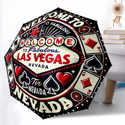 Las Vegas-Themed Open/Close Umbrella with Folding Mechanism - Heavy-Duty 8-Rib Iron Frame, All-Weather Portable Travel Umbrella with Design (Hearts, Spades, Dice, Poker) - Compact & Sturdy for Home, Travel, Outdoor - Ideal Gi