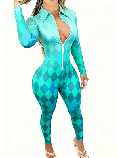 Women's Elegant Sexy Full-Body Print Jumpsuit - Long Sleeve Collar Zipper Front -Pant Outfit, All-Season Party Wedding Guest Special Occasion Attire, Machine Washable