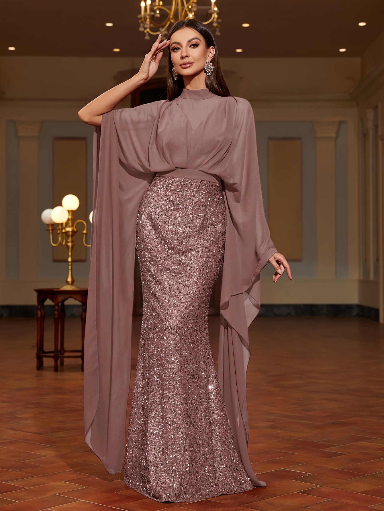 A Stand-Collar Chiffon Dress with Sequins, an Elegant And Stylish Long Dress for Women, Perfect for Parties, New Style for 2025, Evening Gown for Women, Performance Dress for Hosts, Bridesmaid Dress, Prom Evening Gown, Concer