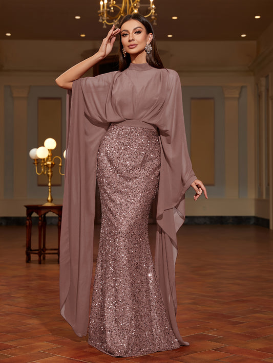 A Stand-Collar Chiffon Dress with Sequins, an Elegant And Stylish Long Dress for Women, Perfect for Parties, New Style for 2025, Evening Gown for Women, Performance Dress for Hosts, Bridesmaid Dress, Prom Evening Gown, Concer
