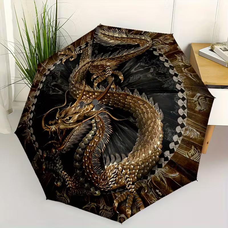 1pc Automatic Open/Close Umbrella with 8-Rib Compact Design - Heavy-Duty Automatic Open/Close Mechanism, Golden Dragon & Black/ Golden/ Brown/Beige/Gray/White/Black/, Lightweight & Sturdy for Men/Women - Ideal Gift for Rainy
