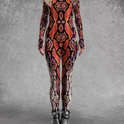 Women's Full-Length Snake Onesie Jumpsuit - Skinny Fit Turtleneck Long Sleeve with Front Zipper Closure, Brown/Black/Golden/Red Realistic Snake Scale Texture, Machine Washable Elastic Costume for Parties, Music Festivals & Wi