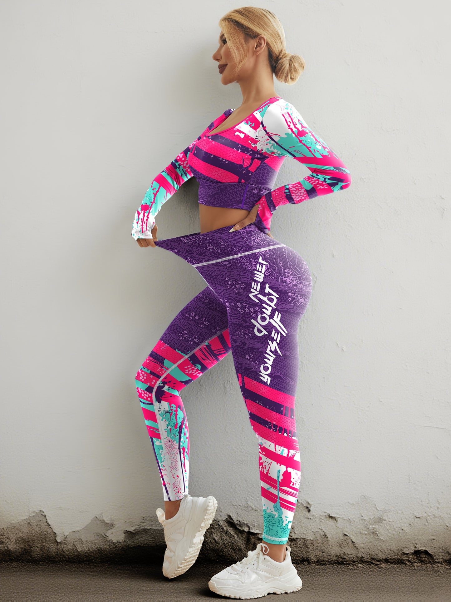 2 Women's U-neck Sports Long-sleeved Suits, Fashion Printed Polyester And Spandex, High-elastic Sportswear Tops And High-waist Leggings, Long-sleeved Short Tops with Elastic Waist Pants, Suitable for Training And Running Fitn