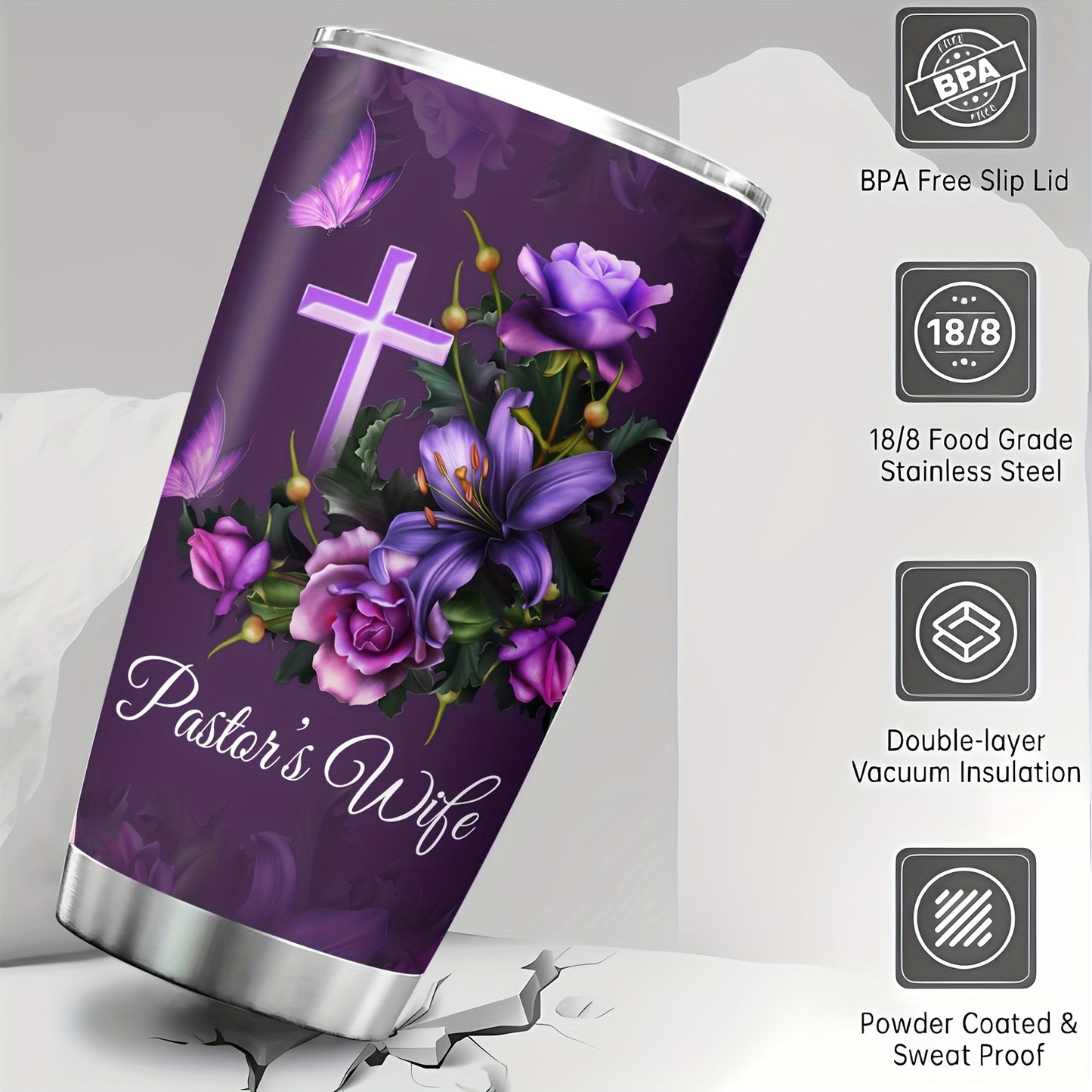 1pc 20oz Double-Layer Insulated Stainless Steel Water Cup, Shatterproof, Sealable, With Lid, 304 Stainless Steel, Letter Print, Pastor'S Wife Theme, Personalized Gift, for Friend