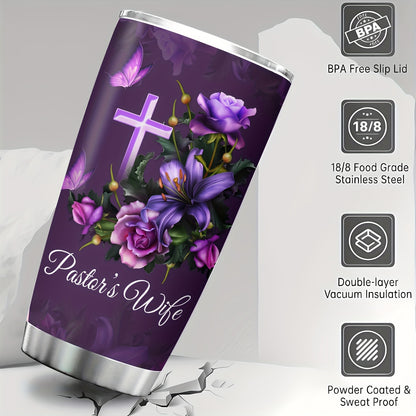 1pc 20oz Double-Layer Insulated Stainless Steel Water Cup, Shatterproof, Sealable, With Lid, 304 Stainless Steel, Letter Print, Pastor'S Wife Theme, Personalized Gift, for Friend