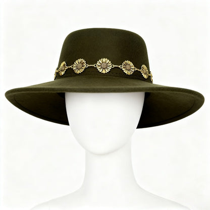 1pc Bohemian-style Unique and Fashionable Felt Hat - Decorated with Exquisite Golden Flower Chain Fedora Hat - Suitable for Daily Street Style, Music Festival Outfits, Bohemian-inspired Looks, Casual Outings and Trendy Season