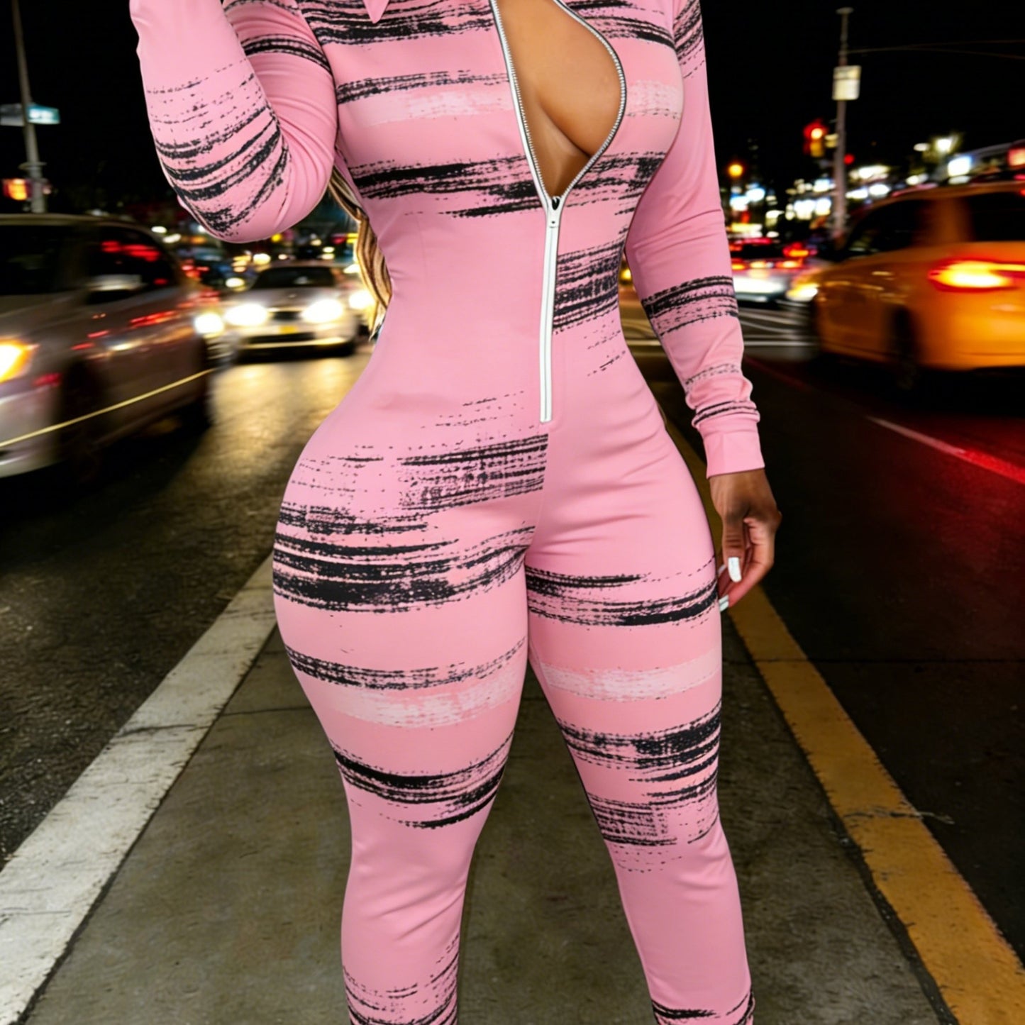 Graffiti Printed Casual Women'S Half Zipper Jumpsuit | Abstract Color Block Splicing, Long Sleeved Lapel, Irregular Line Artistic, Spring Season, Machine Washable