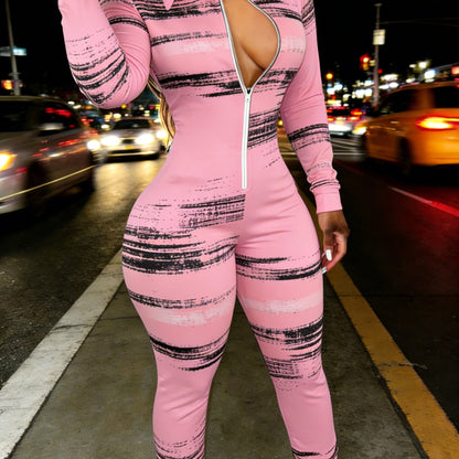 Graffiti Printed Casual Women'S Half Zipper Jumpsuit | Abstract Color Block Splicing, Long Sleeved Lapel, Irregular Line Artistic, Spring Season, Machine Washable