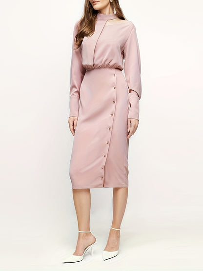 Elegant High-Neck Long-Sleeve Dress Inspired by French Fashion for Women - Soft Pink in a Solid Hue, Featuring a Tailored Bodycon Fit with a Button Front And a Structured Waistband. Made from Non-Stretch Fabric
