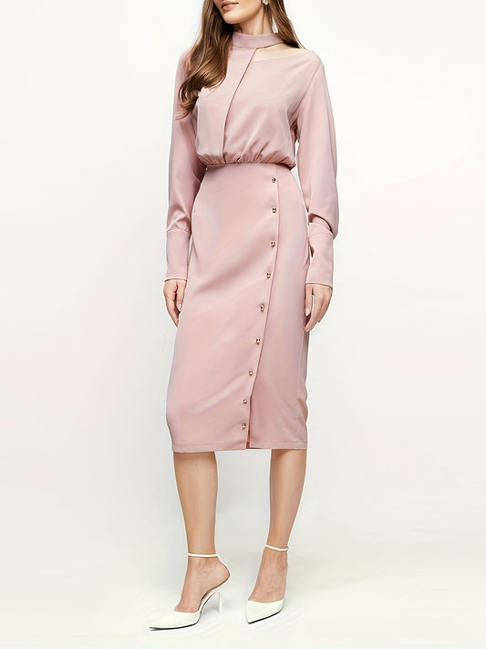 Elegant High-Neck Long-Sleeve Dress Inspired by French Fashion for Women - Soft Pink in a Solid Hue, Featuring a Tailored Bodycon Fit with a Button Front And a Structured Waistband. Made from Non-Stretch Fabric